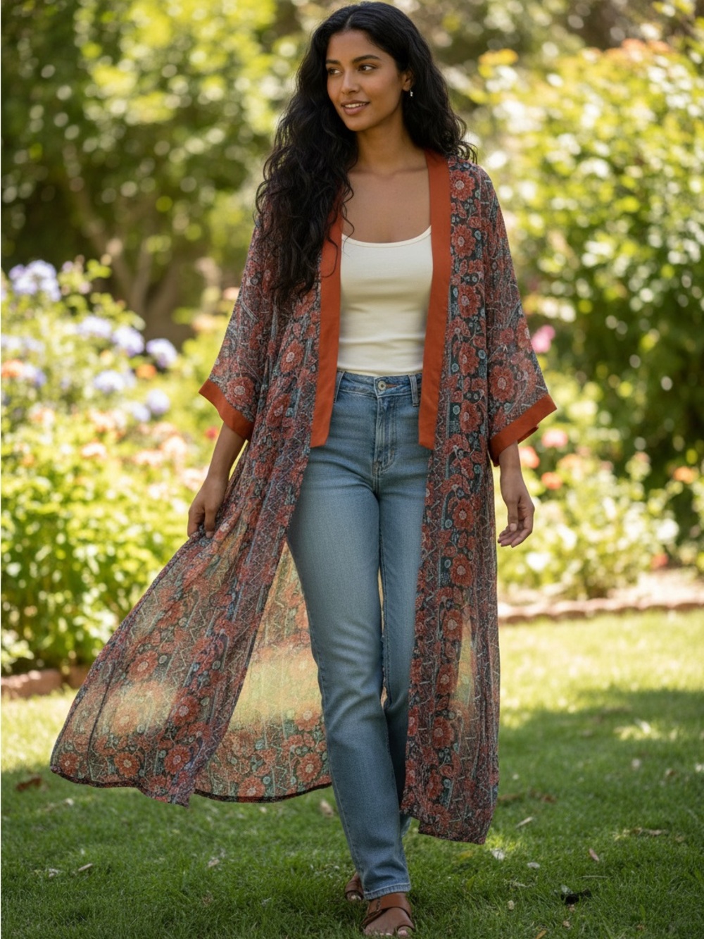 Xhilaration Floral Sheer Duster in Rust and Charcoal